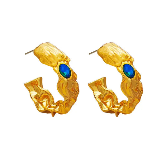 Cerulean Blue Crystal Ocean Hammered Gold Hoop Vintage Earrings