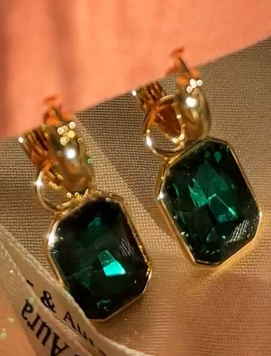 Emerald Ivy Green Crystal Pendant Gold Huggies Earrings