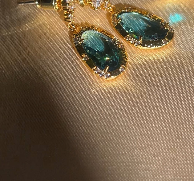 Ocean Blue Crystal Gold Drop Earrings