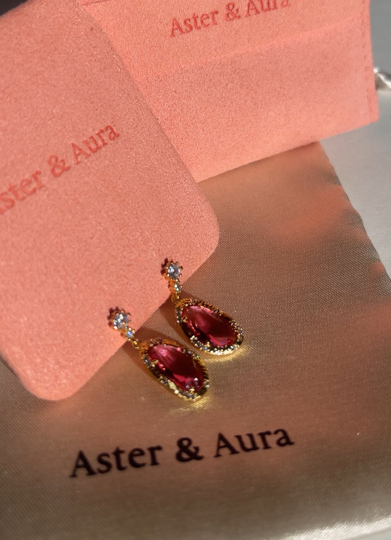 Ruby Red Ocean Crystal Gold Drop Earrings