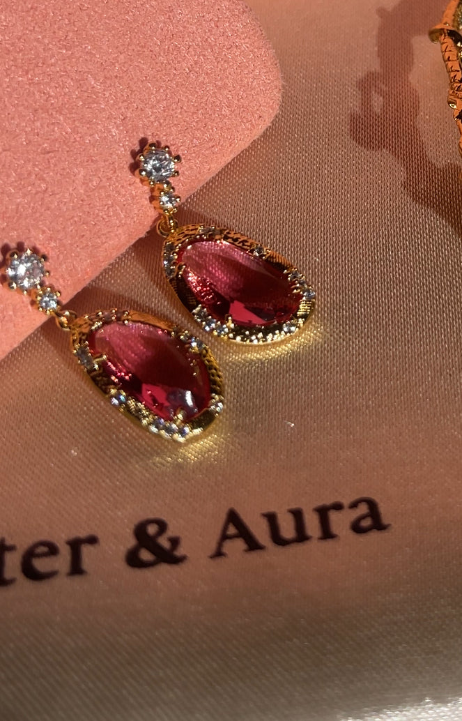 Ruby Red Ocean Crystal Gold Drop Earrings