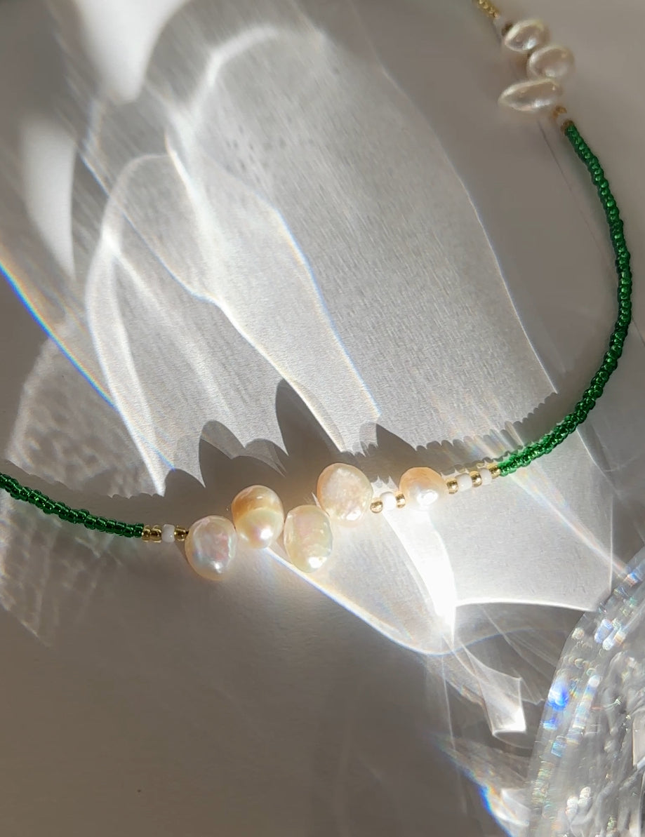 Summer Freshwater Pearl Green Beaded Necklace