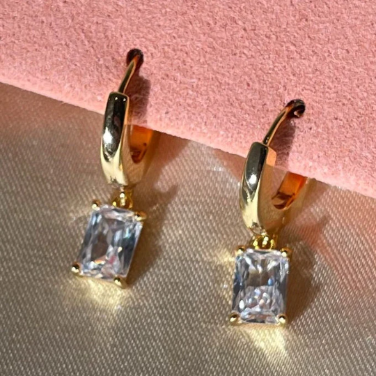 18k gold plated huggies dainty earrings with rectangle crystal drop earring cubic zirconia gold and white clear crystal